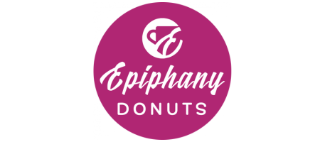 Epiphany Donuts logo with a stylized coffee cup and donut illustration inside a purple circle.