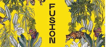 Yellow rectangular background with the word FUSION written vertically in black, surrounded by detailed illustrations of tropical plants and animals including a tiger, leopard, and birds.