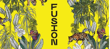 Yellow rectangular background with the word FUSION written vertically in black, surrounded by detailed illustrations of tropical plants and animals including a tiger, leopard, and birds.