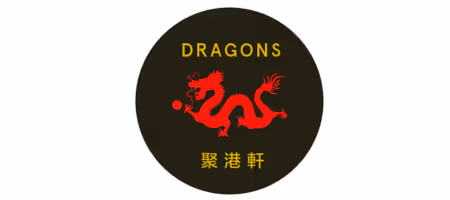 Red dragon holding a ball with the word 'DRAGONS' above and Chinese characters below in yellow on a black circular background.