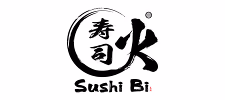 Black ink brush style logo with Japanese characters and the text 'Sushi Bi' underneath.