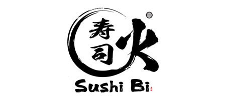 Black ink brush style logo with Japanese characters and the text 'Sushi Bi' underneath.