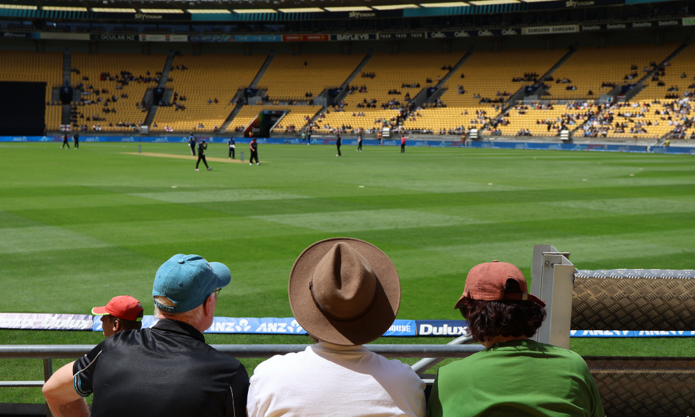 Three spectators seated watching a cricket match in a stadium with yellow seats and players on a green field.