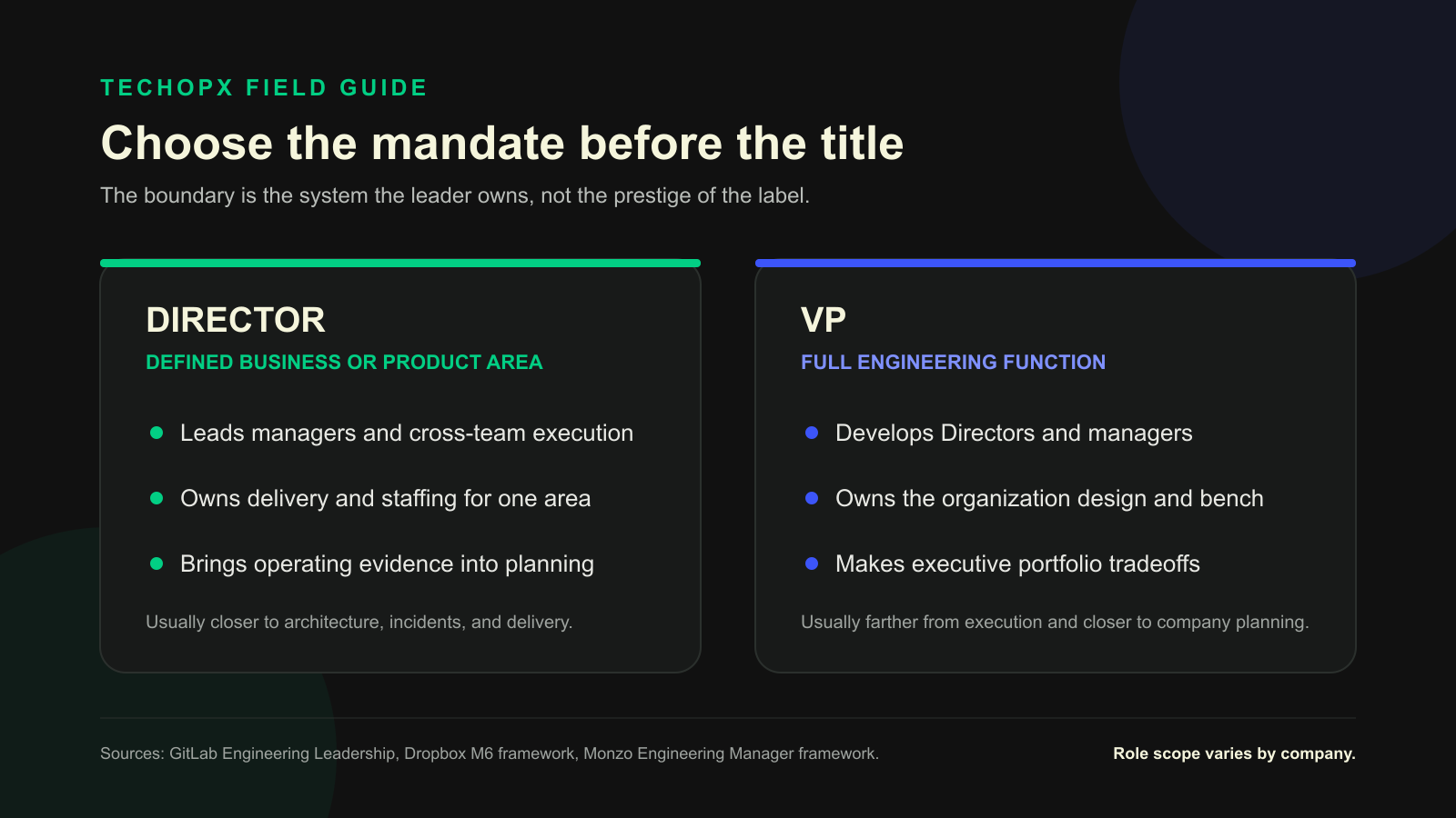 Comparison of Director and VP of Engineering mandates, leadership systems, and decision scope.