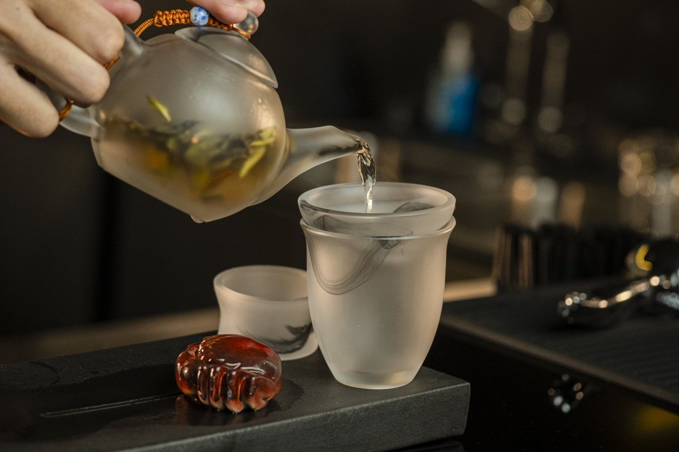 Chinese tea poured from a glass teapot at FOOM, Johor Bahru