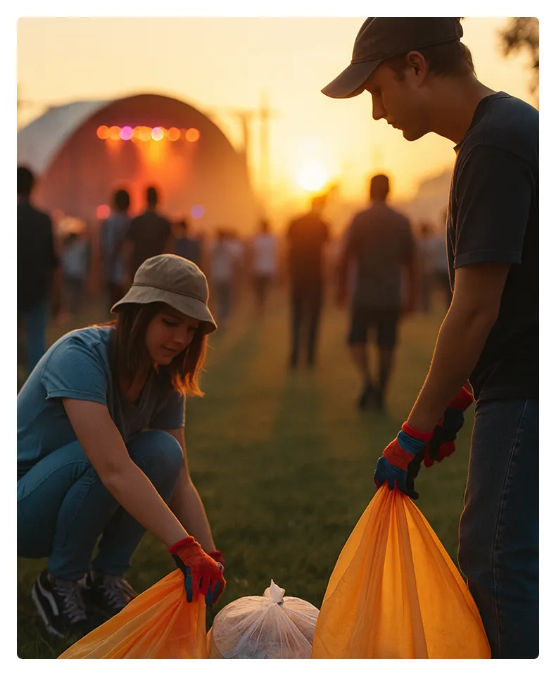 Two young people wearing gloves collecting trash in orange bags at an outdoor event during sunset.