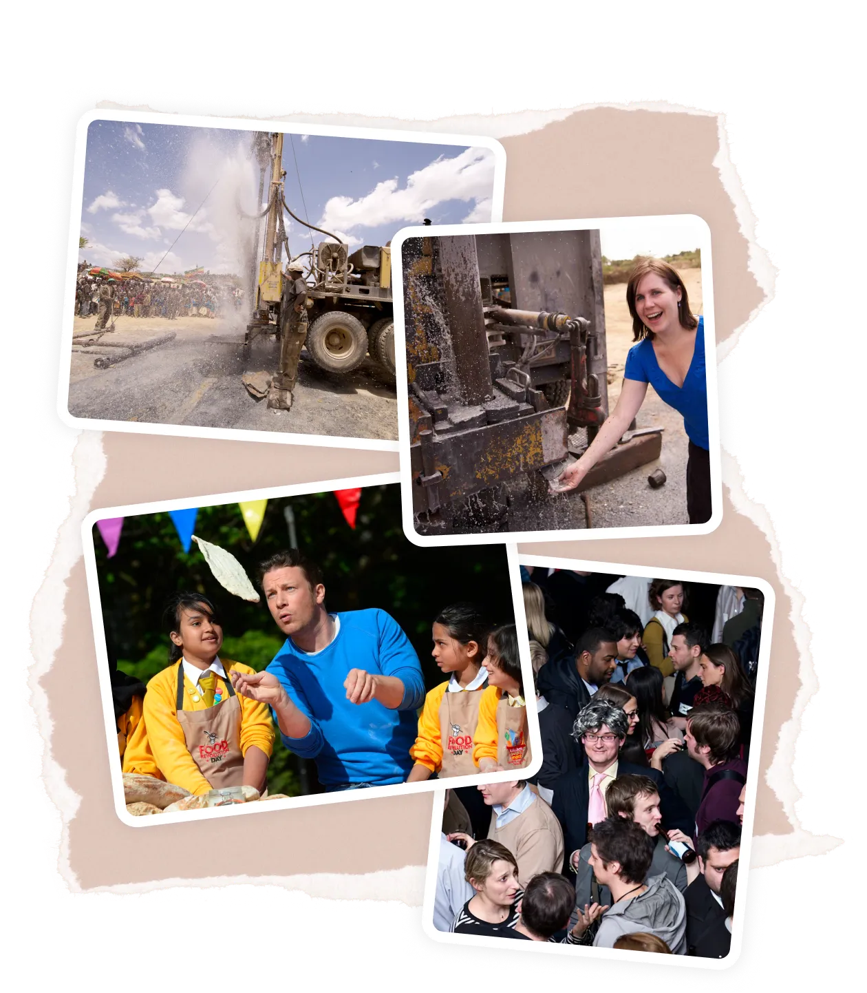 Collage showing four images: a water drilling rig with a worker, a woman smiling beside water splashing from machinery, a man flipping a pancake with children in aprons watching, and a crowded indoor social gathering.