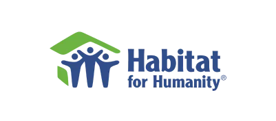 Habitat for Humanity logo with a green roof over a blue family figure.