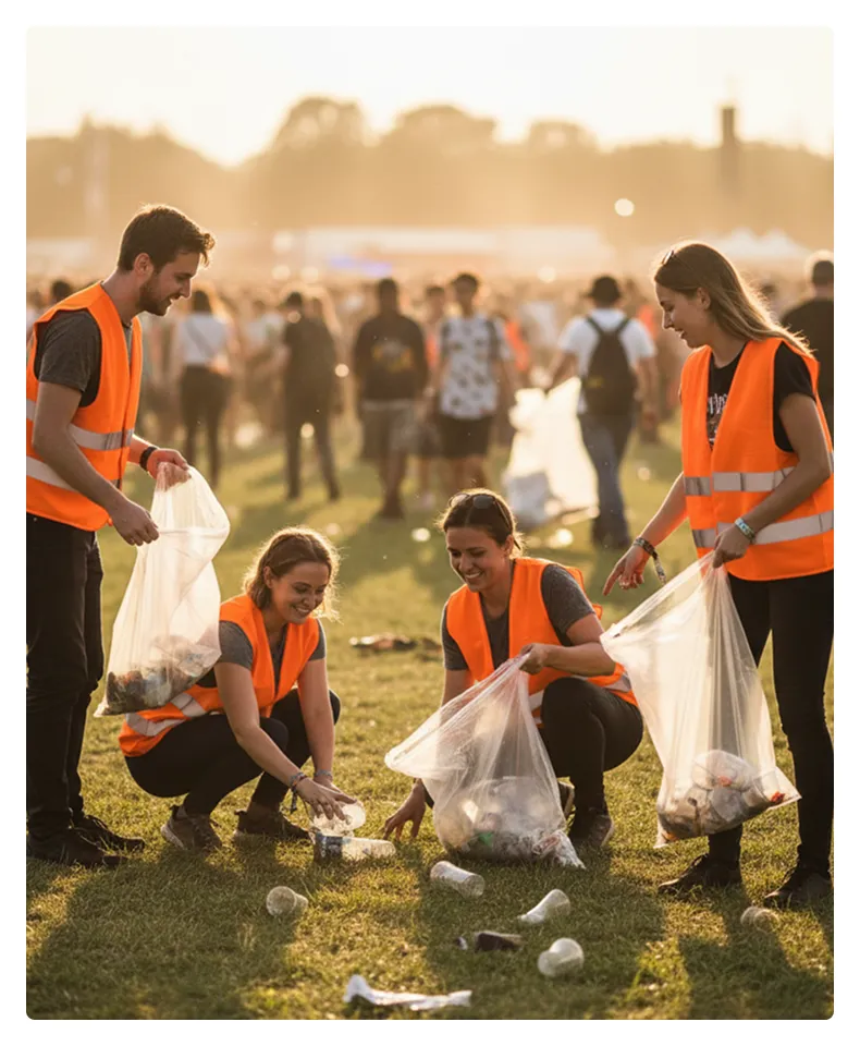 Four people wearing orange safety vests picking up litter and holding trash bags on a grassy field at sunset.