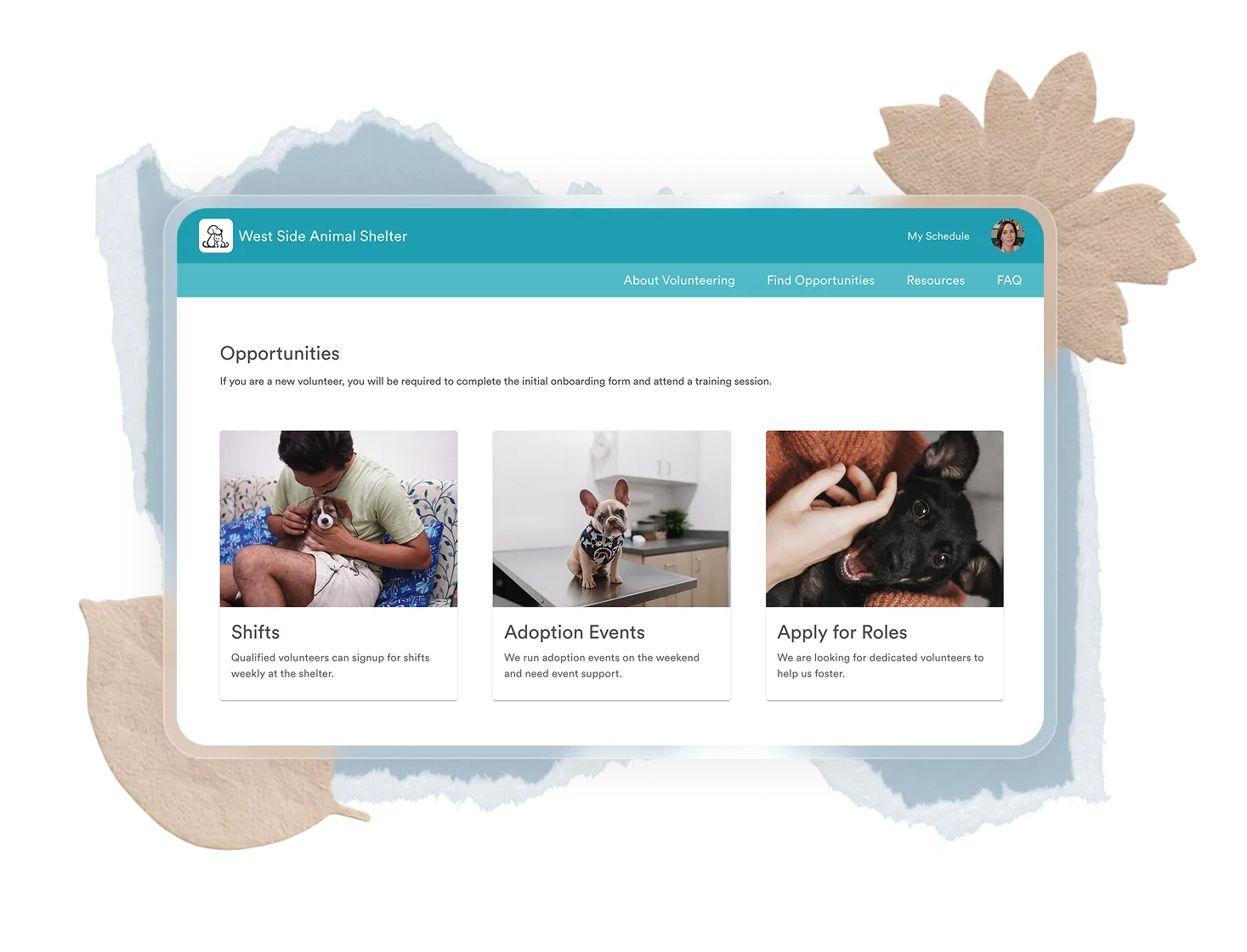 West Side Animal Shelter volunteer opportunities page showing options for Shifts, Adoption Events, and Apply for Roles with images of people and dogs.