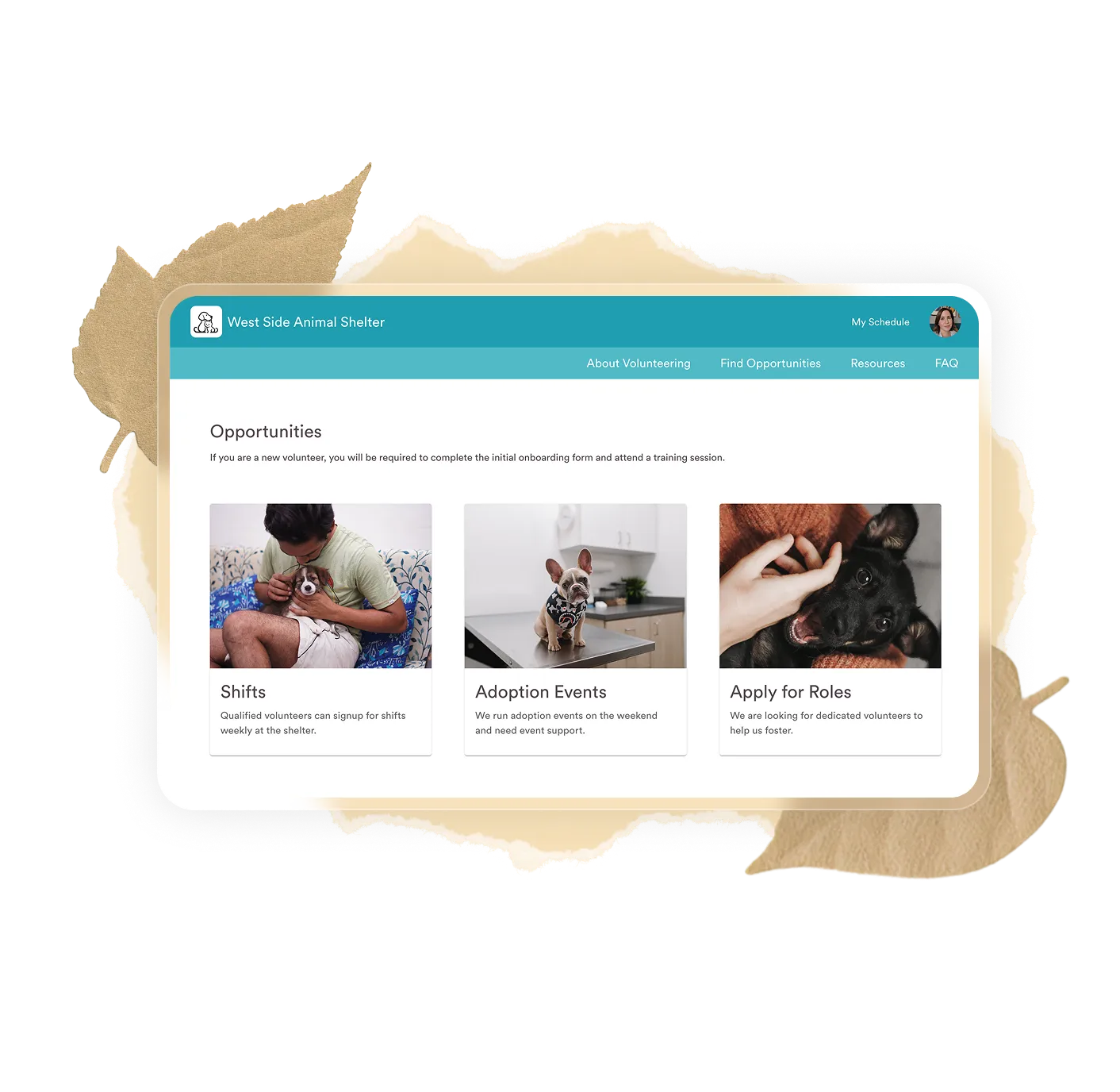 West Side Animal Shelter website page showing volunteering opportunities with images of people and dogs representing shifts, adoption events, and applying for roles.