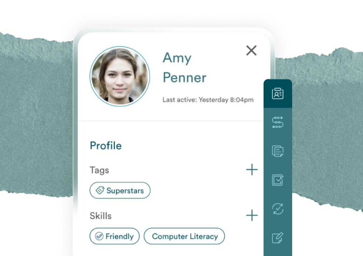 User profile card showing photo of Amy Penner, last active yesterday at 8:04 pm, with tags and skills including Superstars, Friendly, and Computer Literacy.