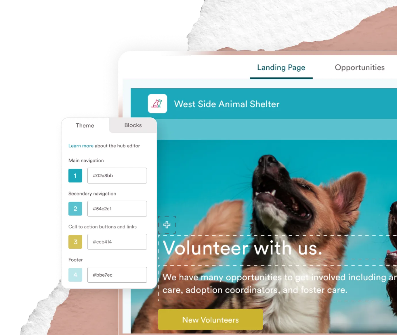 Website editor interface showing West Side Animal Shelter page with a dog photo and volunteer call to action.