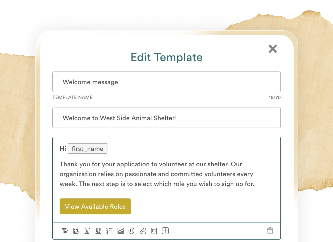 Edit Template window displaying a welcome message for West Side Animal Shelter with a personalized greeting and a yellow 'View Available Roles' button.