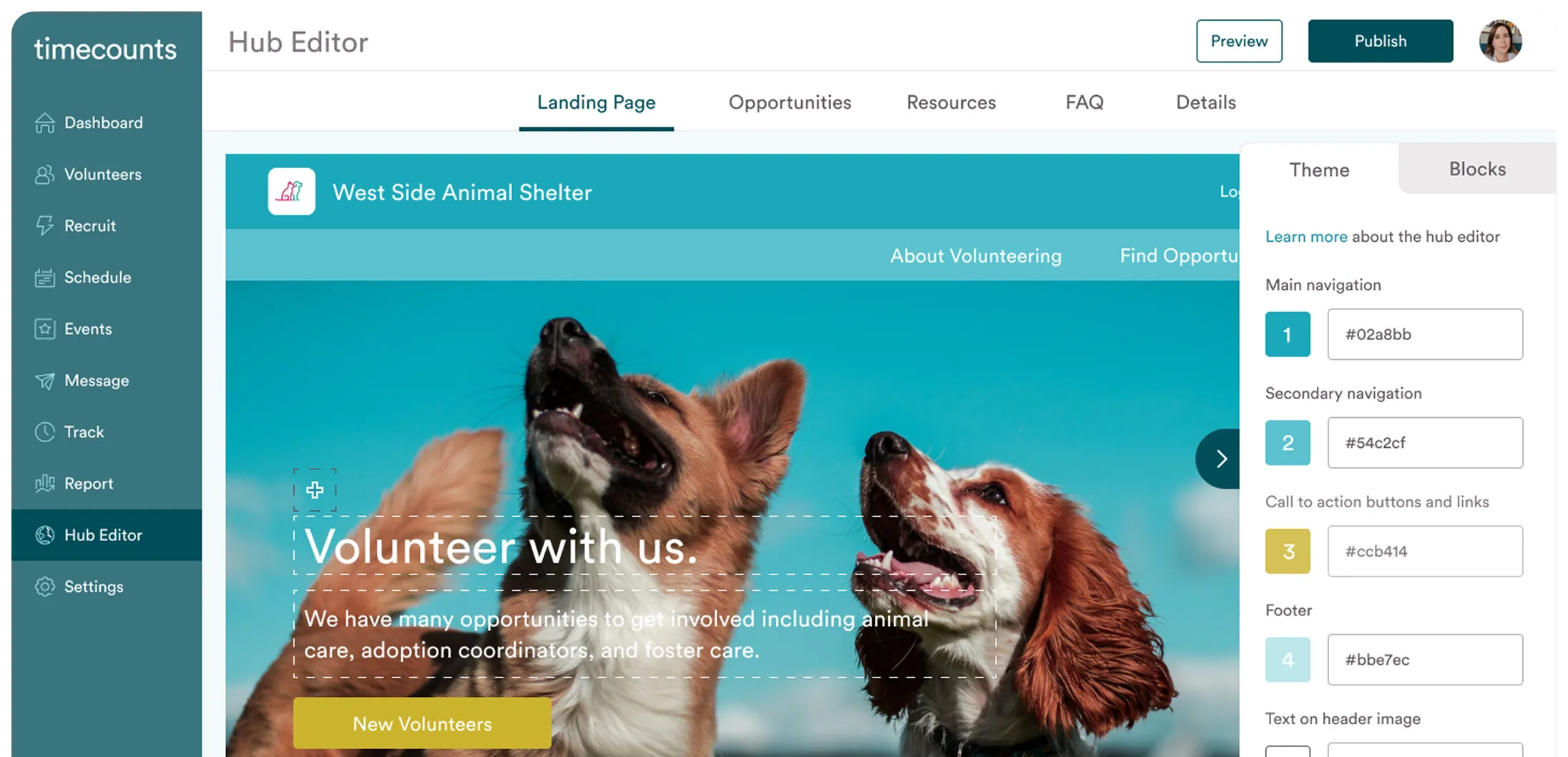 Screenshot of Timecounts Hub Editor showing a landing page for West Side Animal Shelter with two dogs looking up and text inviting volunteers.
