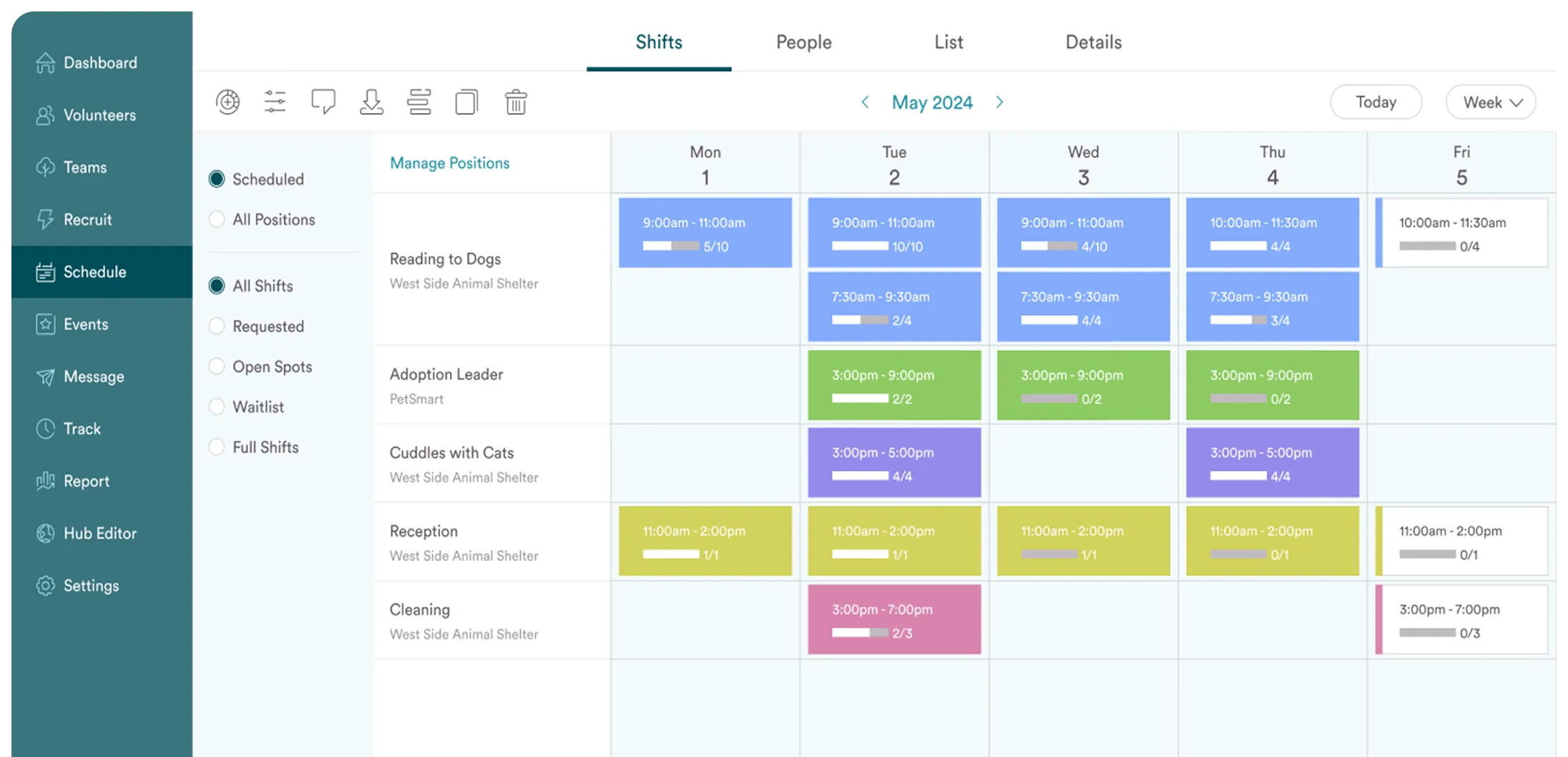 Volunteer scheduling interface showing shifts for May 1 to May 5, 2024, with various roles like Reading to Dogs, Adoption Leader, Cuddles with Cats, Reception, and Cleaning, each color-coded by time and slots filled.
