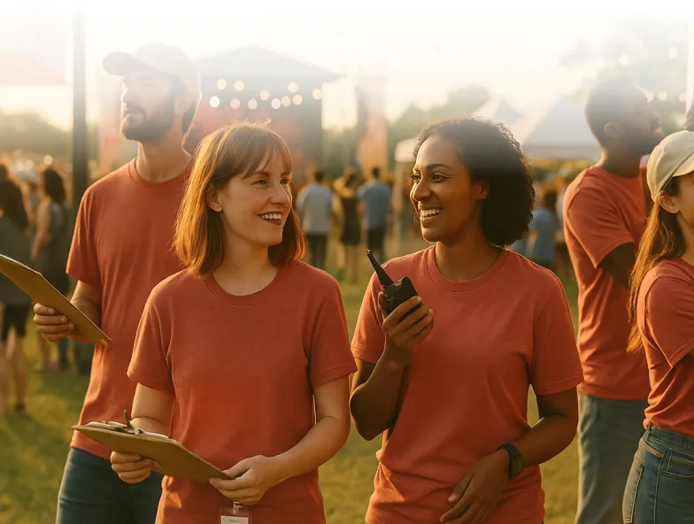 Two smiling women in matching orange shirts holding a clipboard and walkie-talkie at an outdoor event with people and tents in the background.