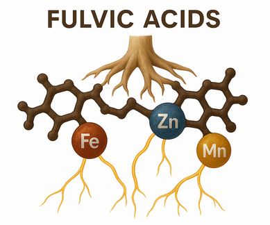Illustration of fulvic acids with molecular structure connecting to roots and labeled elements Fe, Zn, and Mn.