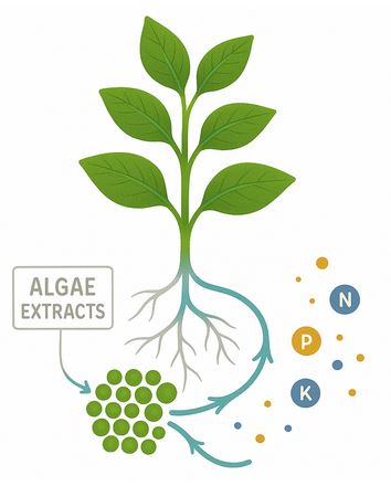 Illustration showing a green plant with roots absorbing nitrogen (N), phosphorus (P), and potassium (K) from algae extracts depicted as green dots.