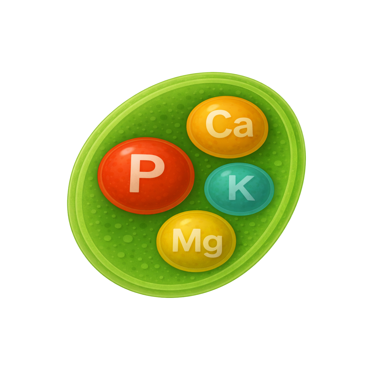 Green oval shape containing four colored spheres labeled P, Ca, K, and Mg representing essential minerals.