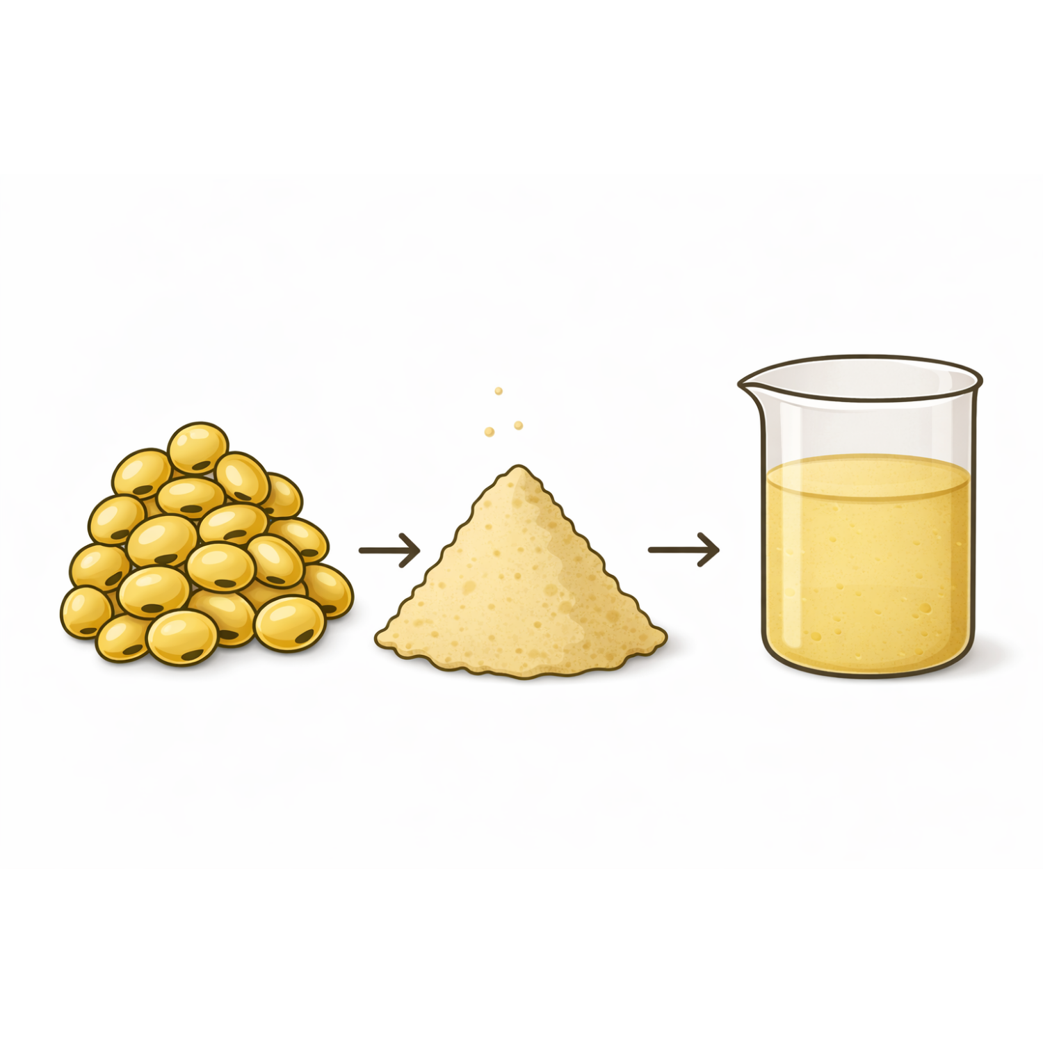 Illustration showing soybeans transforming into soybean powder, then into soybean milk in a beaker.