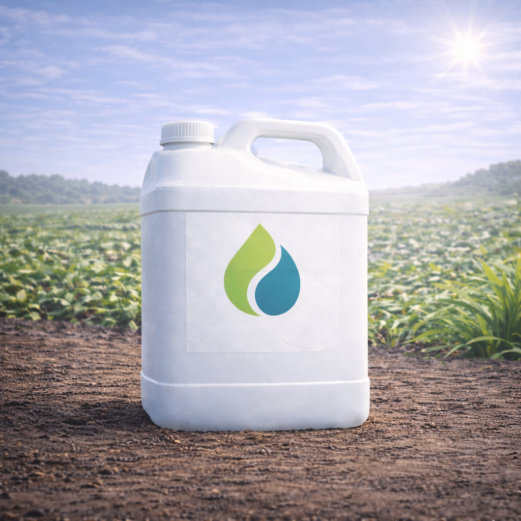 White resealable jug filled with fertilizer, featuring the companies logo, set outdoors on soil with plants and sun in background.
