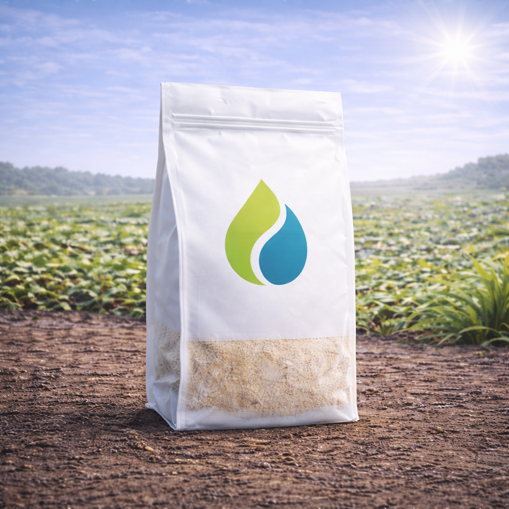 White resealable bag filled with fertilizer, featuring the companies logo, set outdoors on soil with plants and sun in background.