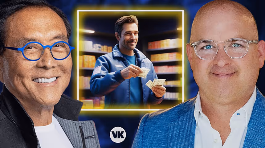 Portrait of two smiling men wearing glasses and jackets, with an inset image of a man in a blue jacket holding money in a store aisle.