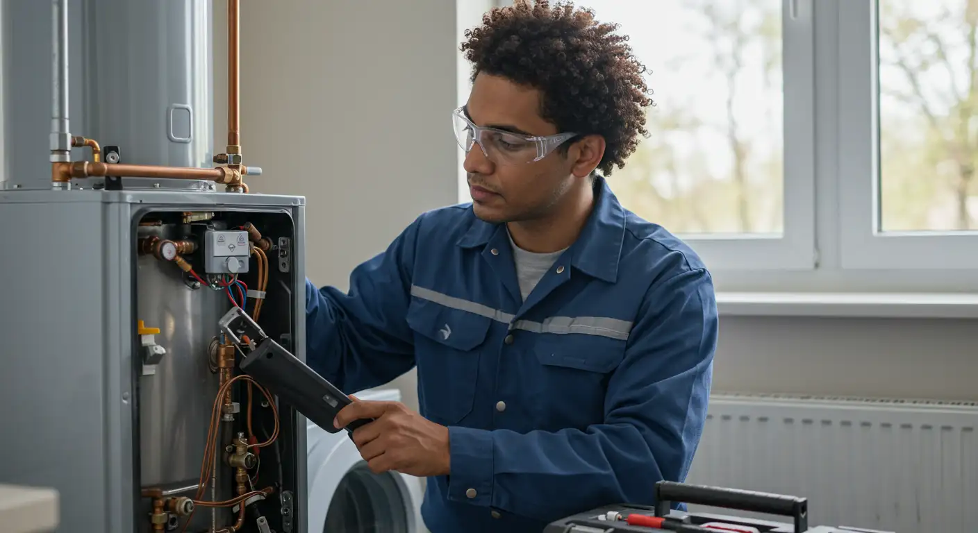 Plumber wearing safety glasses inspecting the internal wiring of a water heater with a handheld device