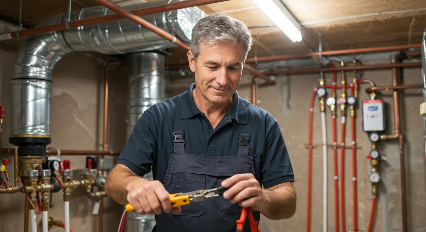 Middle-aged plumber in navy coveralls using yellow crimping tool on red and white refrigerant lines in mechanical room with copper piping and gauges