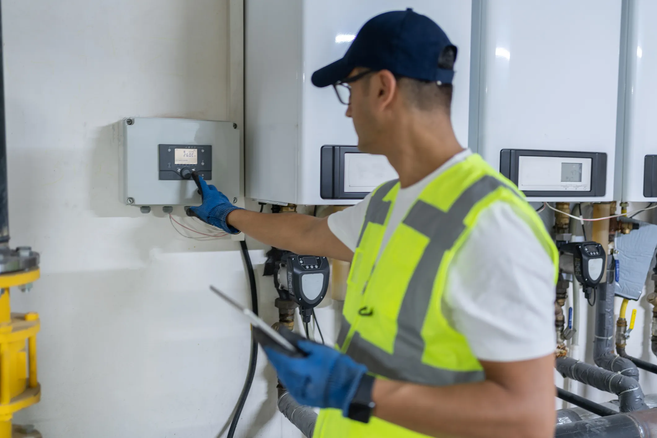 Plumber in a hi-vis vest and cap adjusting a control panel on a boiler.