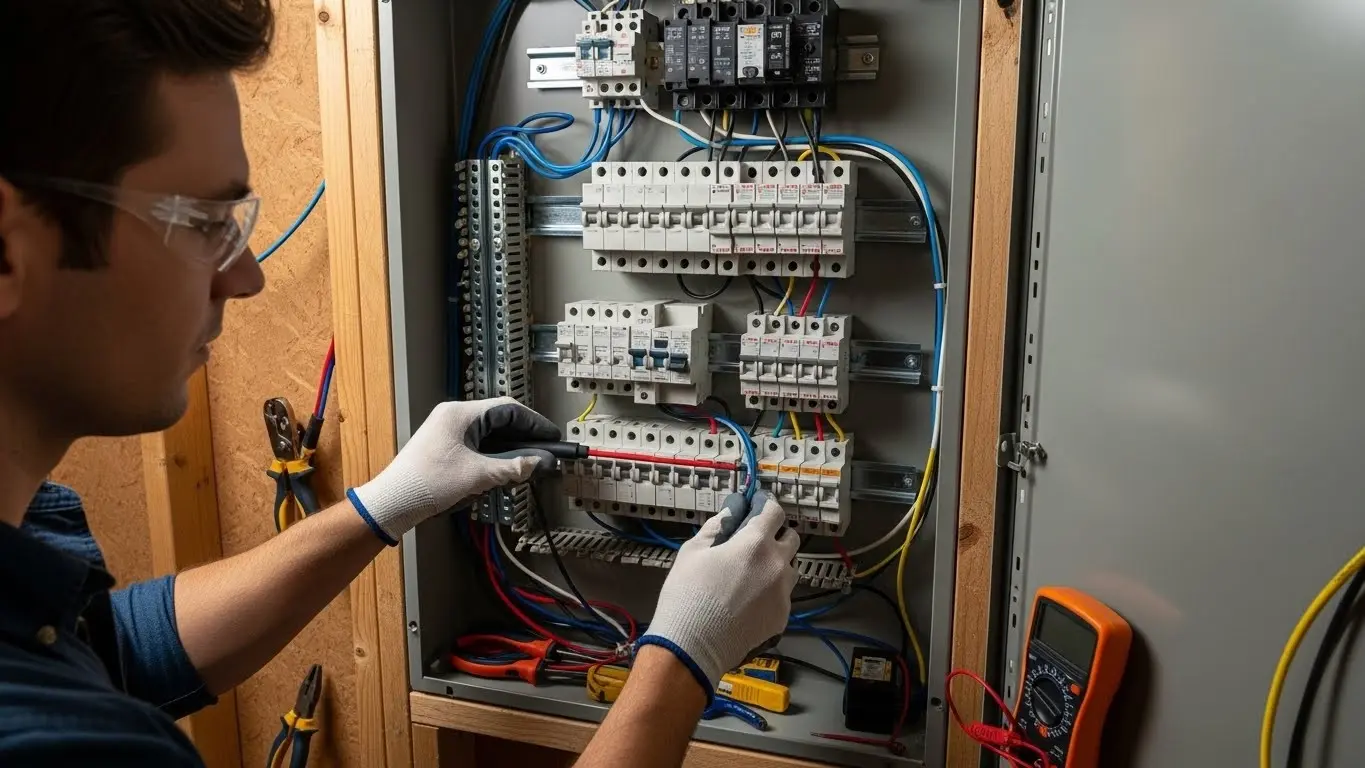 Electrician testing panel with digital multimeter.