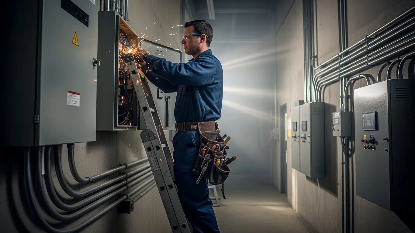 Electrician on ladder repairing sparking panel.