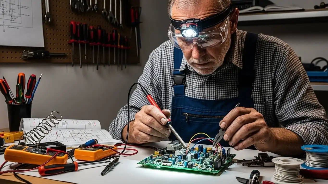 Technician soldering components on circuit board.