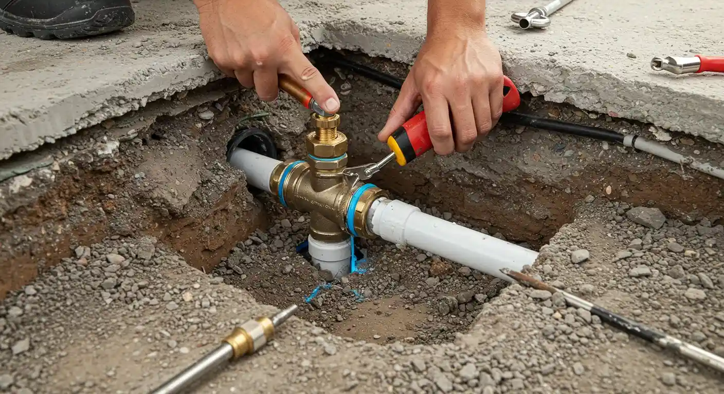 Plumber repairing pipe in concrete trench.