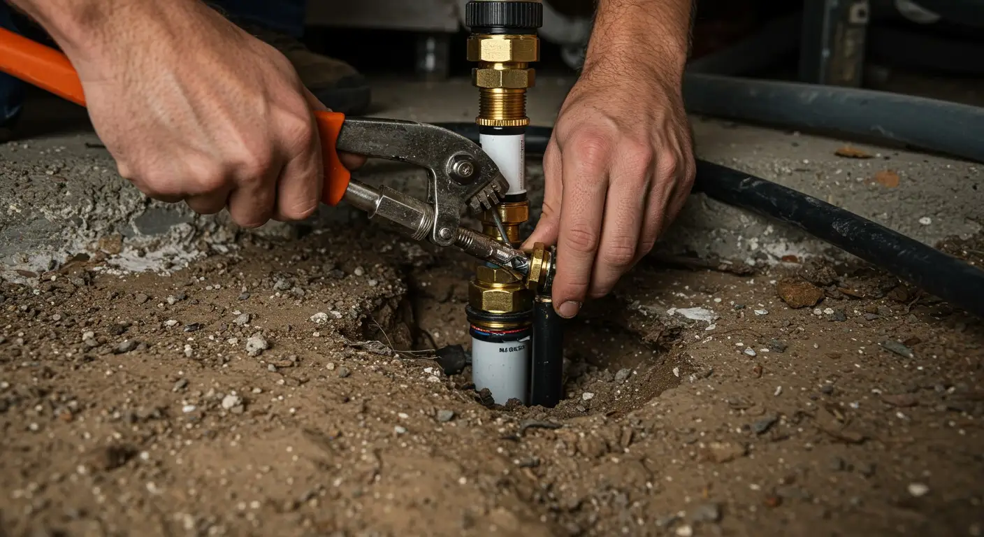 Hands using wrench on brass pipe.