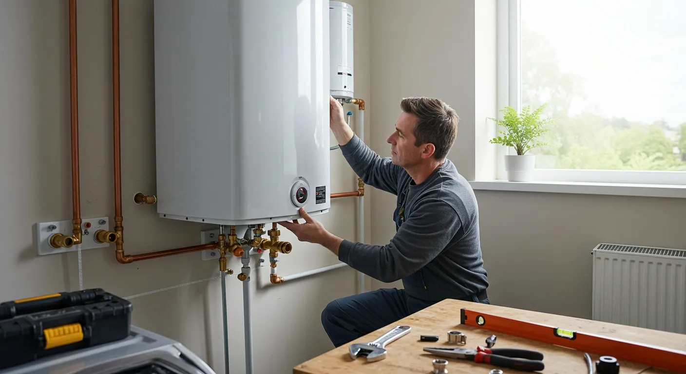 Technician inspecting white wall mounted boiler.