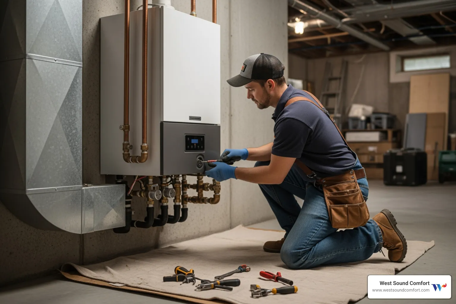 Infographic showing how a boiler heats water, circulates it through pipes to radiators or in-floor tubing, and returns cooled water back to the boiler for reheating—creating quiet, even warmth throughout the home - boiler heat installation near me in bremerton, wa