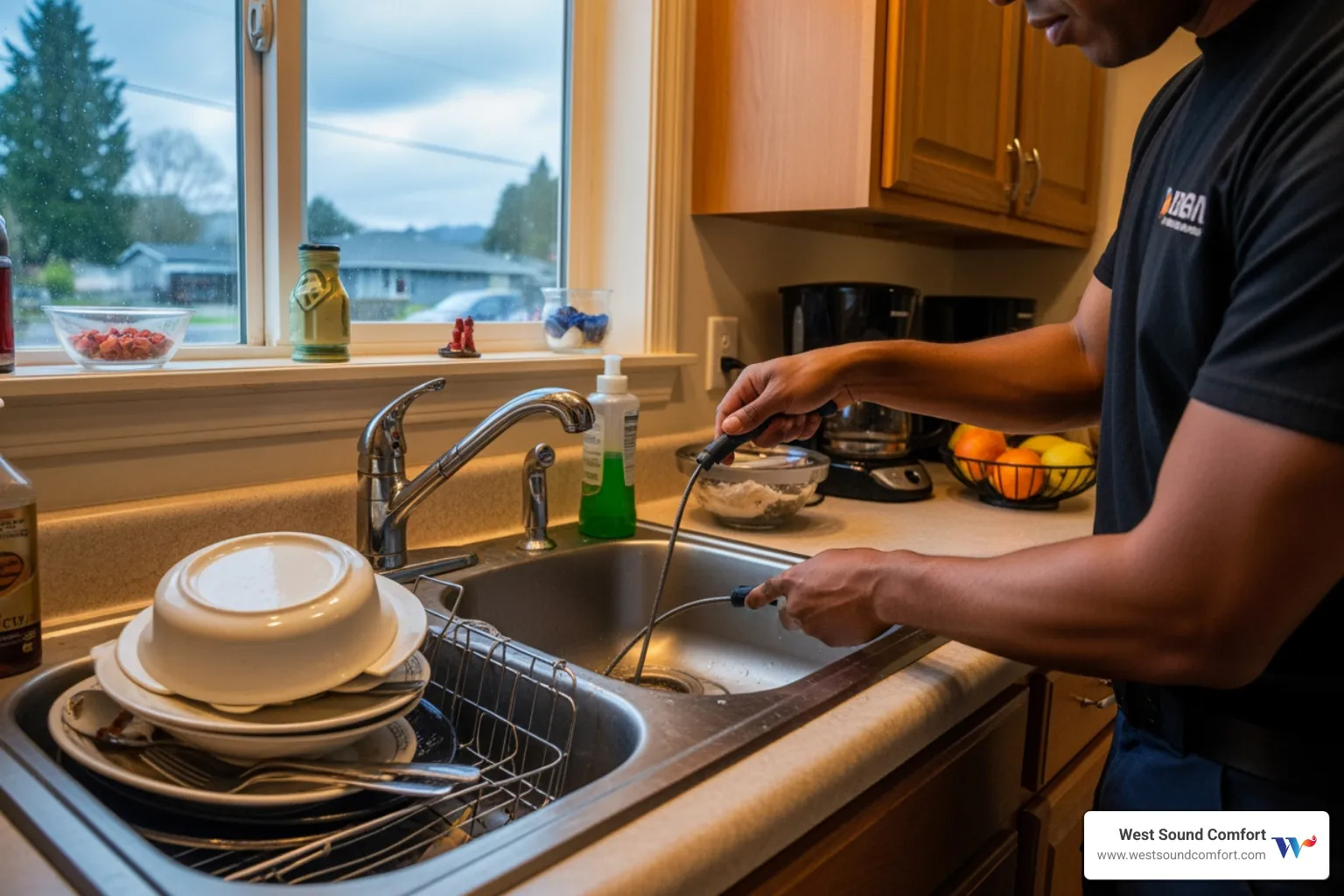 infographic showing the path of wastewater from home drains through pipes to the main sewer line, with common clog points labeled including kitchen sink trap, bathroom drain, and main line connections - affordable drain cleaning in bremerton, wa