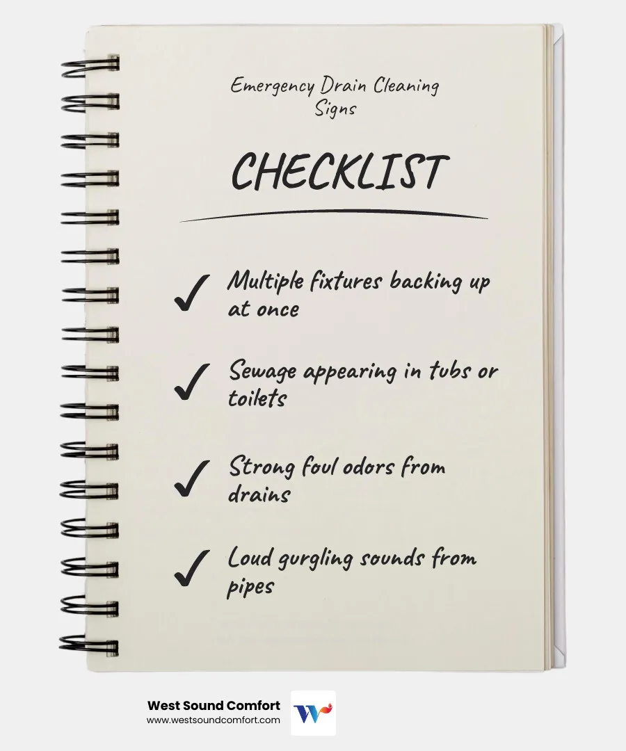Infographic showing the top 5 signs you need emergency drain cleaning: multiple fixtures backing up at once, sewage appearing in tubs or toilets, strong foul odors coming from drains, loud gurgling sounds from pipes, and standing water that won't drain in sinks or showers - emergency drain cleaning in bremerton, wa infographic checklist-notebook