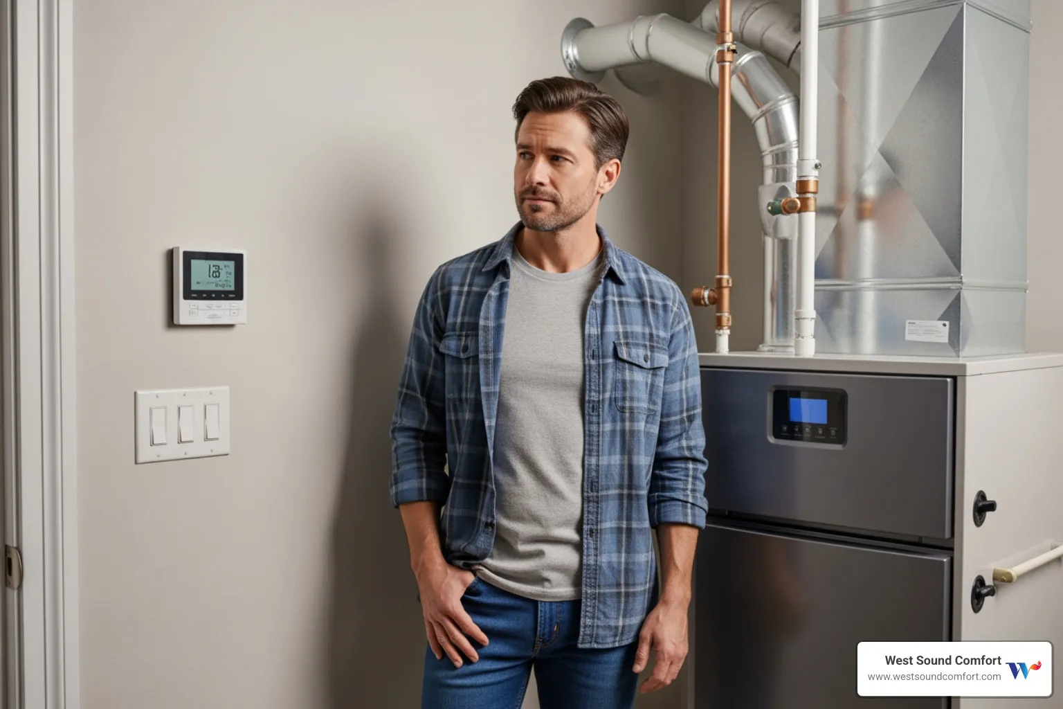 Infographic showing 5 quick furnace checks: check thermostat settings and mode, replace thermostat batteries, inspect circuit breaker panel, verify furnace power switch is on, and ensure air vents are open and unblocked - "My furnace is blowing cold air in Bainbridge Island, WA. Who can I call to fix it today?"