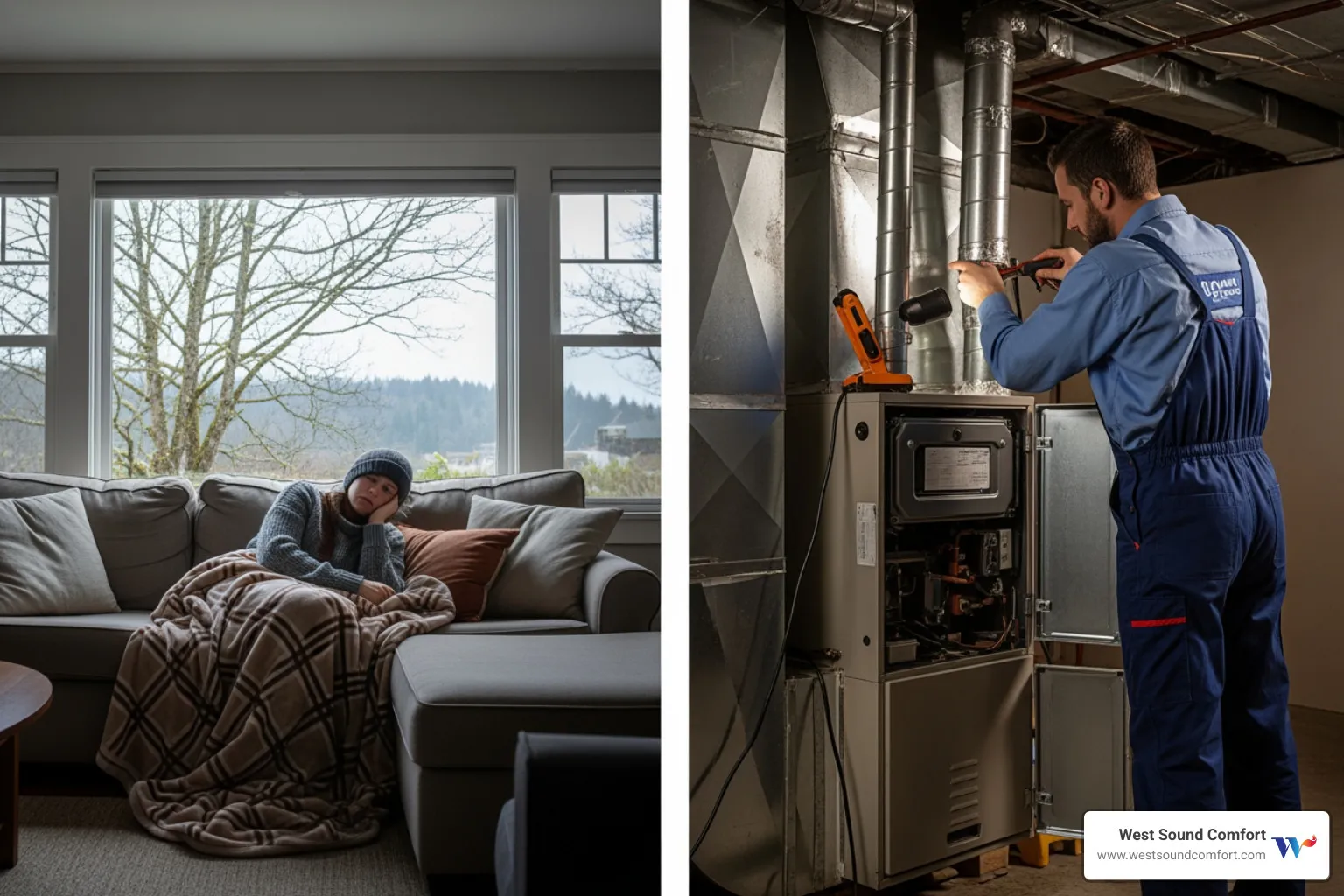 Cozy living room with furnace - "My furnace is blowing cold air in Bainbridge Island, WA. Who can I call to fix it today?"