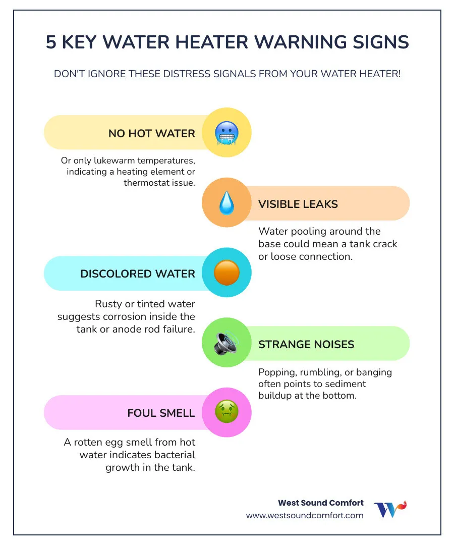 Infographic showing 5 key warning signs your water heater needs immediate attention: 1) No hot water or only lukewarm temperatures, 2) Visible leaks or water pooling around the base, 3) Rusty or discolored water from taps, 4) Strange popping, rumbling, or banging noises, 5) Foul rotten egg smell from hot water - affordable water heater repair in poulsbo, wa infographic infographic-line-5-steps-colors