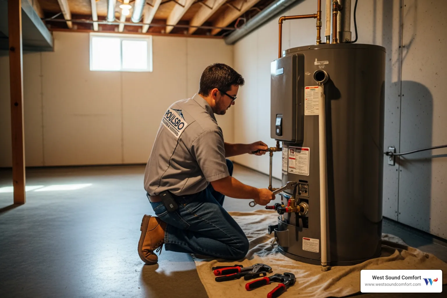 Infographic showing 7 warning signs your water heater is failing: no hot water, inconsistent temperature, strange noises like rumbling or popping, visible leaks at the base, rusty or discolored water, foul odors from hot water taps, and rising energy bills - best water heater repair in poulsbo, wa