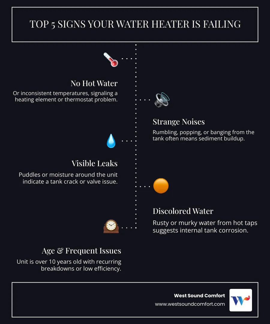Infographic showing the top 5 signs your water heater is failing: 1) No hot water or inconsistent temperatures, 2) Strange rumbling or popping noises from the tank, 3) Visible leaks or pooling water around the unit, 4) Rusty or discolored water from hot taps, 5) Unit is over 10 years old with frequent issues - water heater repair in poulsbo wa infographic infographic-line-5-steps-dark