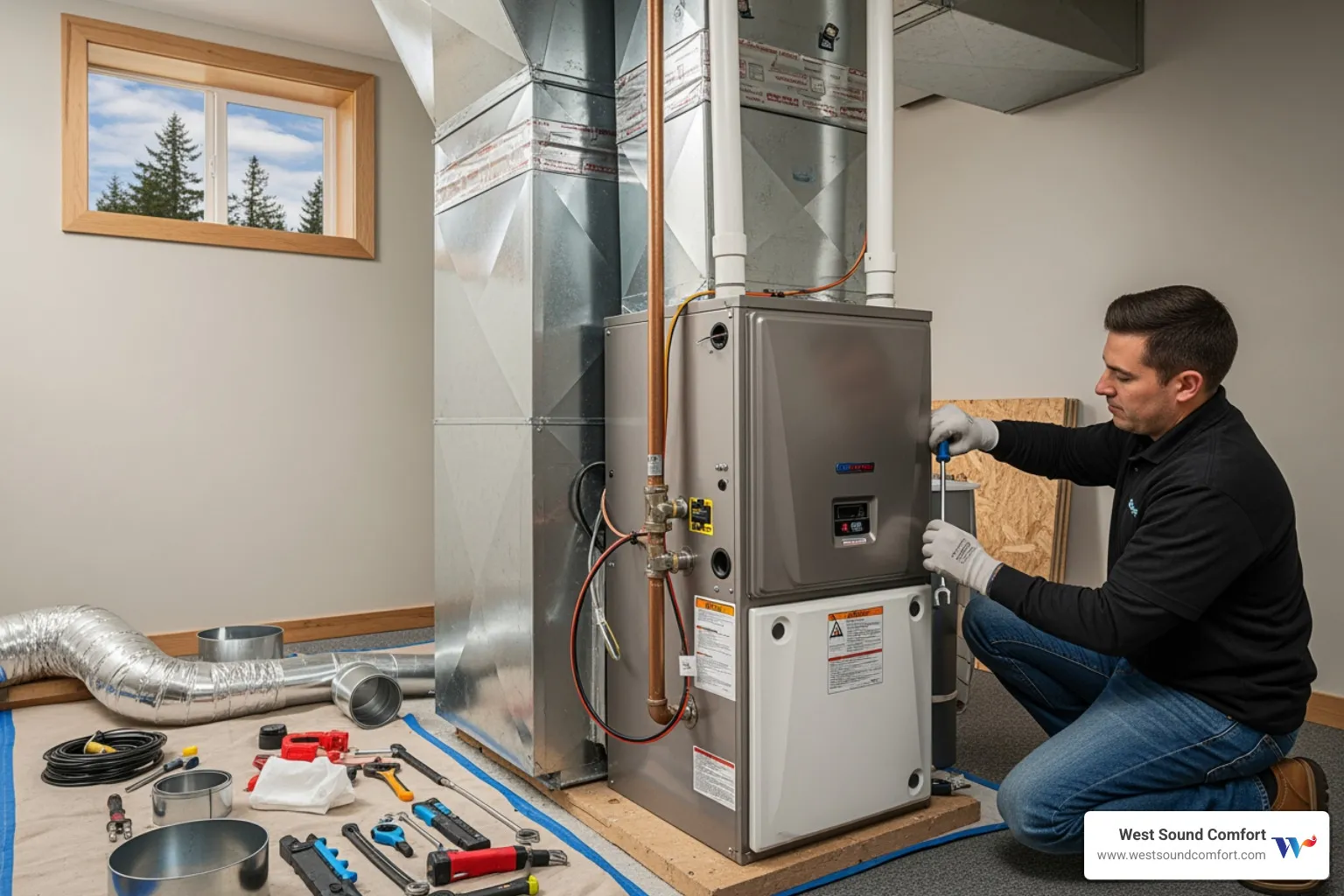 Infographic showing key benefits of professional furnace installation: proper sizing and load calculation ensures optimal efficiency, thorough ductwork inspection prevents energy loss, code-compliant connections guarantee safety, comprehensive system testing confirms reliable performance, and manufacturer warranties protect your investment - best furnace installation in silverdale, wa