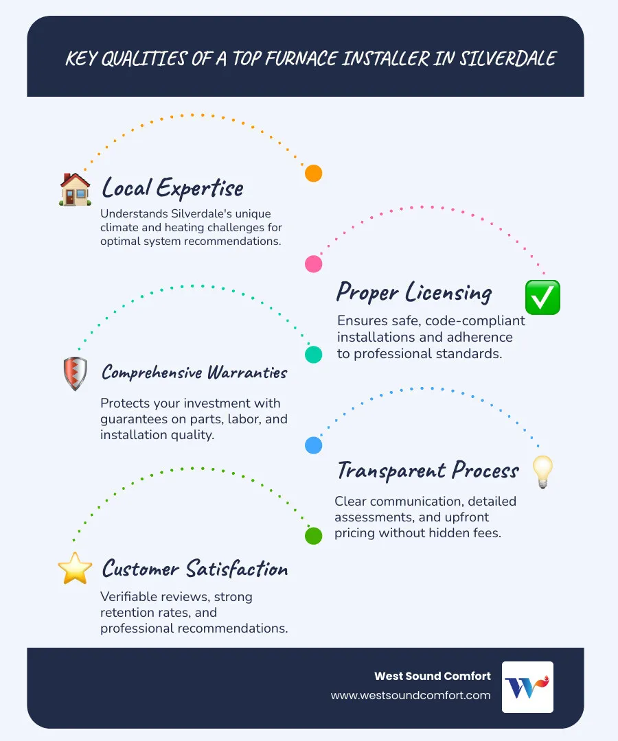 Infographic showing key factors when choosing a furnace installation company: years of experience, proper licensing, warranty coverage, customer reviews, and local climate expertise - furnace installation company in silverdale, wa infographic infographic-line-5-steps-blues-accent_colors