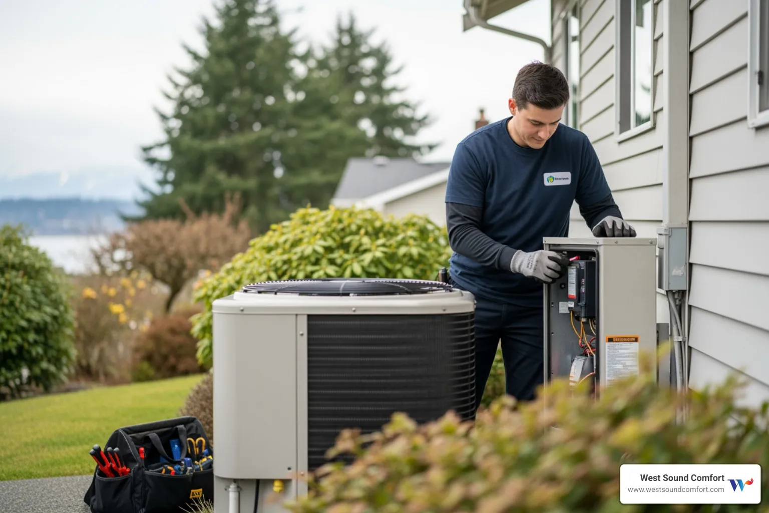 Infographic showing the key components of a heat pump maintenance visit: outdoor coil cleaning, indoor coil inspection, refrigerant level check, electrical connection testing, condensate drain clearing, air filter replacement, thermostat calibration, and full system performance evaluation, with benefits listed as improved efficiency, better performance, extended lifespan, and fewer breakdowns - heat pump maintenance in bremerton, wa