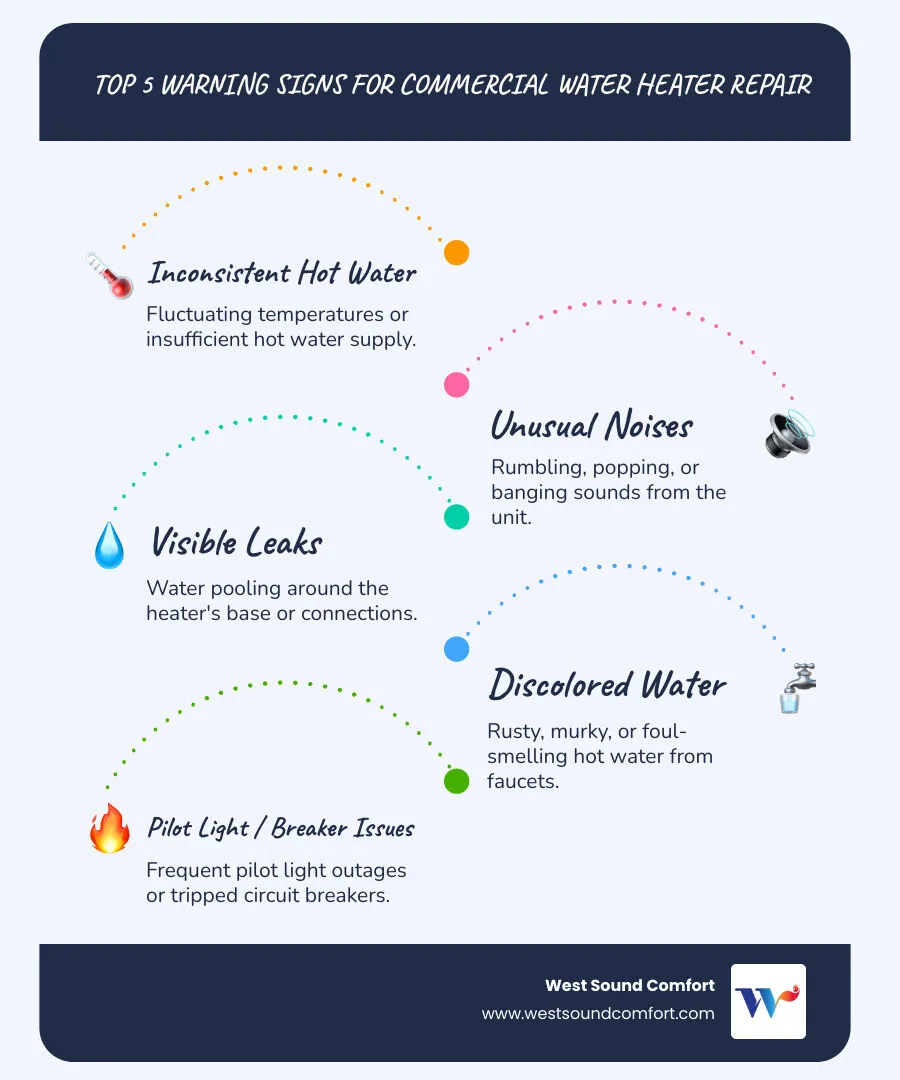 Infographic showing the top 5 warning signs your commercial water heater needs repair: 1. Inconsistent or insufficient hot water supply 2. Strange noises like rumbling, popping, or banging 3. Visible leaks or water pooling around the unit 4. Rusty, discolored, or foul-smelling water 5. Frequent pilot light issues or tripped breakers - commercial water heater repair in poulsbo, wa infographic infographic-line-5-steps-blues-accent_colors