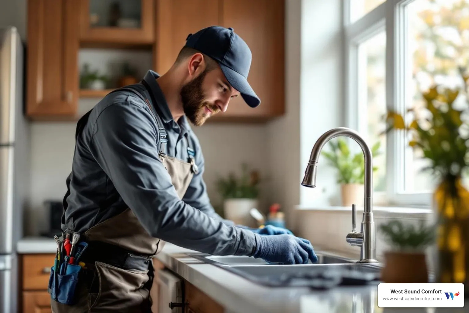 professional plumber working on kitchen sink - silverdale plumbing